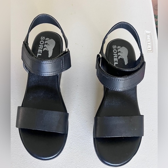 SOREL Cameron Wedge Leather Sandals Black Platform Ankle Strap 7 US NL 4018-010 - Picture 2 of 9